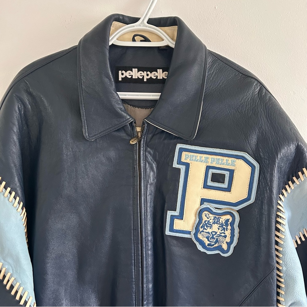 Vintage Pelle Pelle Leather Bomber Jacket with Light Blue Sleeve Panels 90’s - Picture 3 of 9